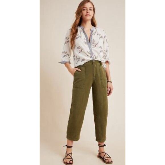 Anthropologie Audra Linen Blend Green Cropped Cargo Utility Pants EUC Sz 31 - Picture 1 of 10